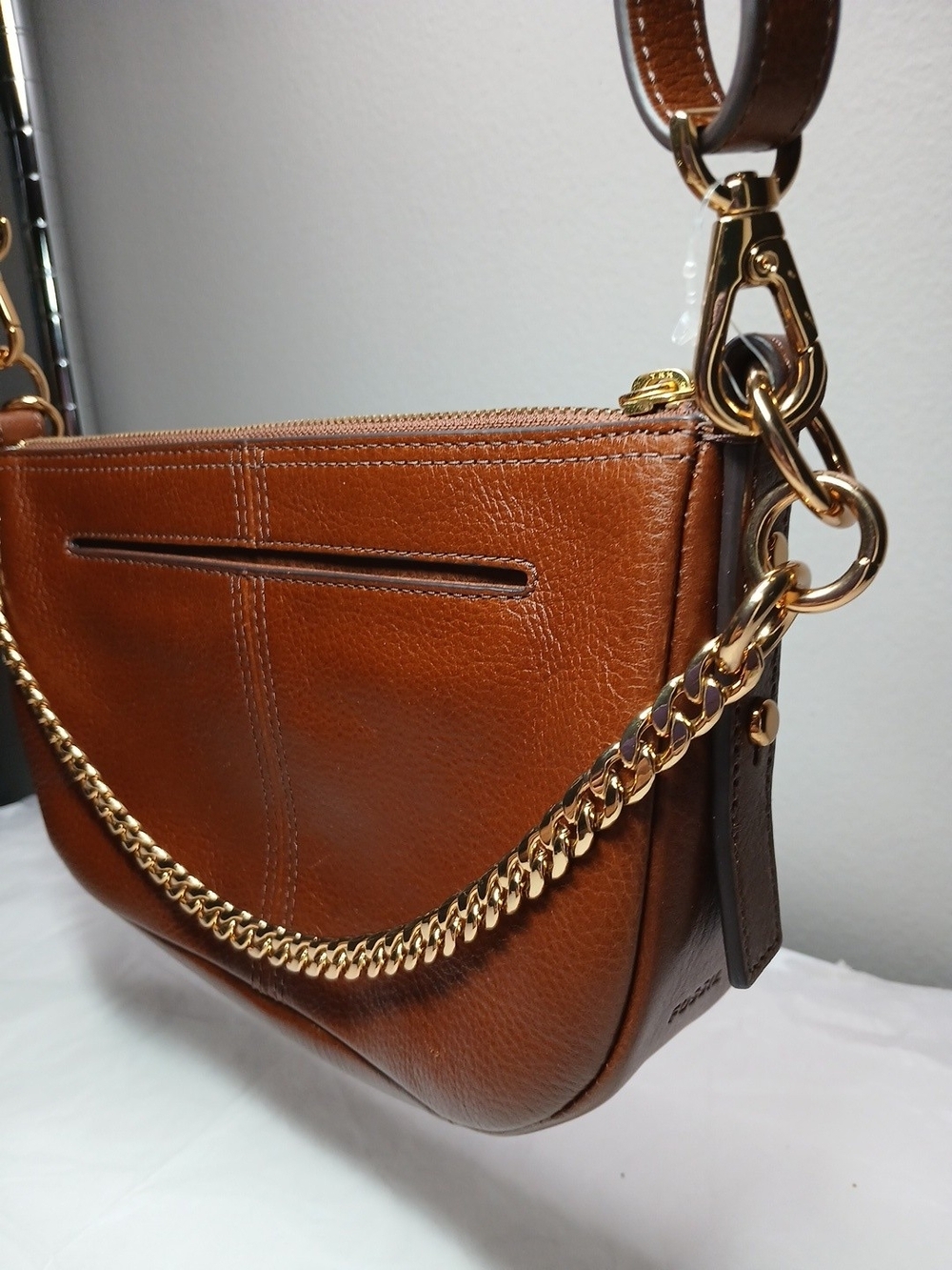 Fossil Brown Leather Crossbody Handbag Purse with Gold Chain *See Details*